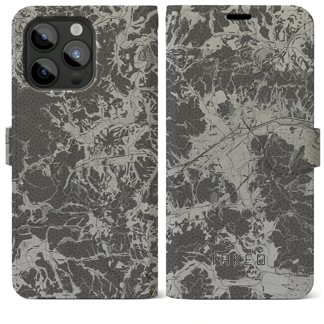 【武雄(佐賀県)】地図柄iPhoneケース(手帳タイプ)モノトーン・iPhone 15 Pro Max 用