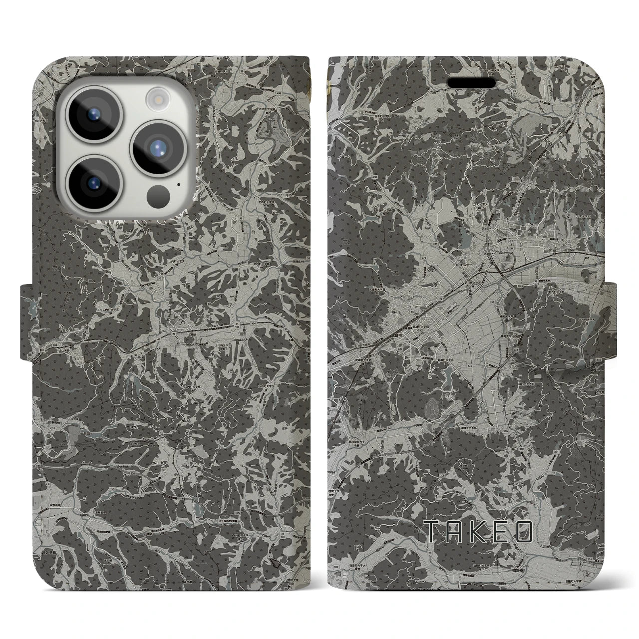 【武雄(佐賀県)】地図柄iPhoneケース(手帳タイプ)モノトーン・iPhone 15 Pro 用