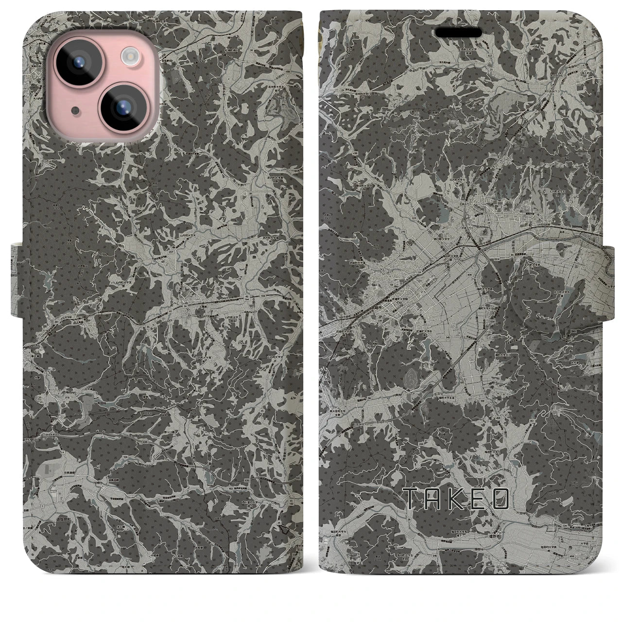 【武雄(佐賀県)】地図柄iPhoneケース(手帳タイプ)モノトーン・iPhone 15 Plus 用