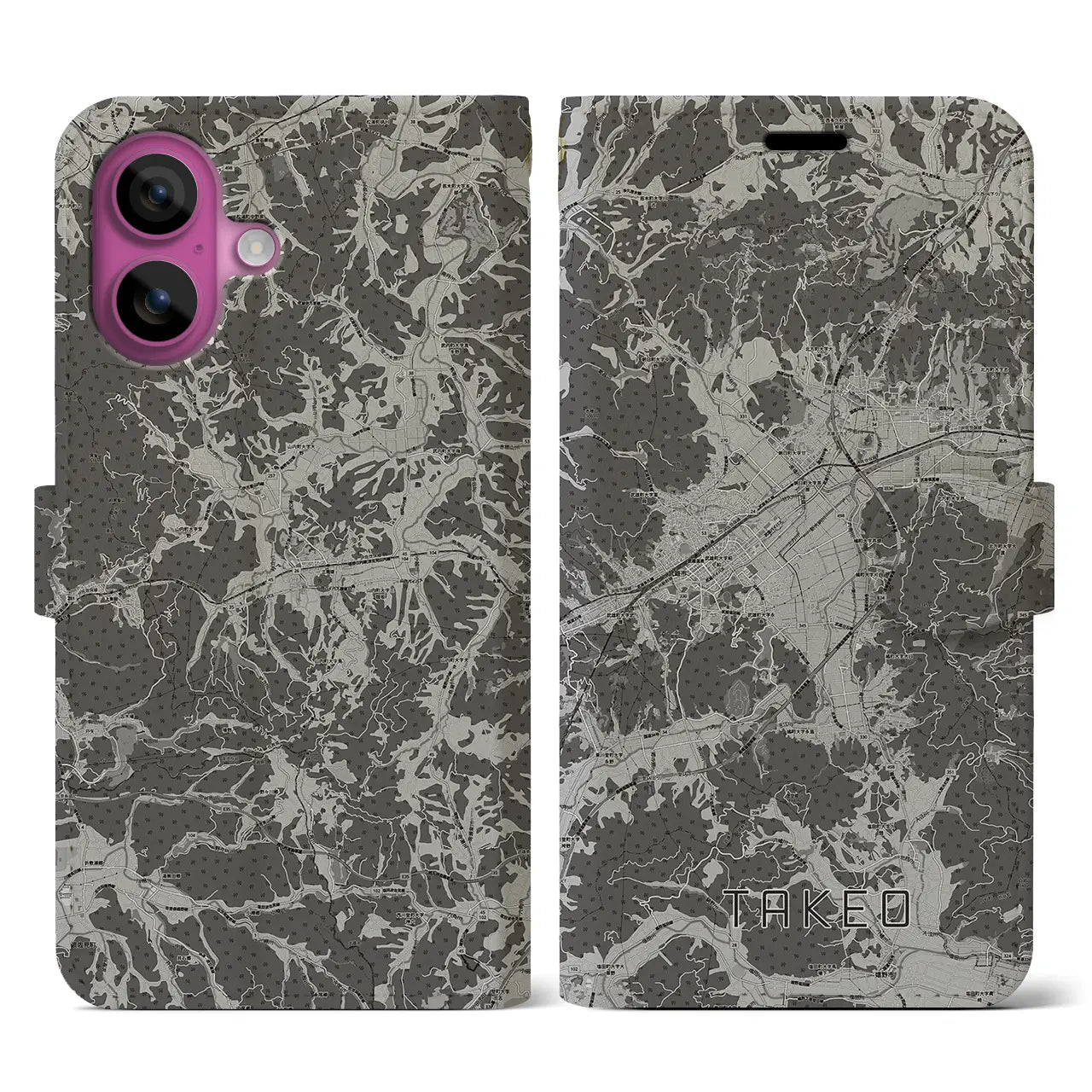 【武雄(佐賀県)】地図柄iPhoneケース(手帳タイプ)モノトーン・iPhone 16 Pro 用