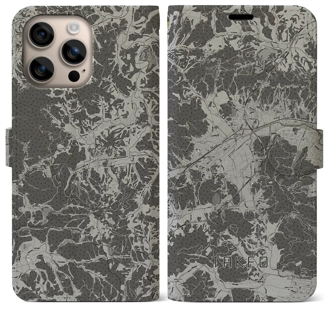 【武雄(佐賀県)】地図柄iPhoneケース(手帳タイプ)モノトーン・iPhone 16 Plus 用