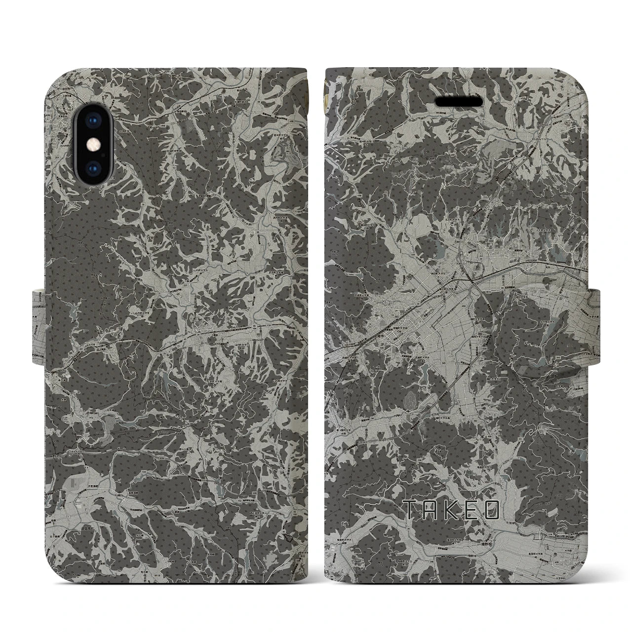 【武雄(佐賀県)】地図柄iPhoneケース(手帳タイプ)モノトーン・iPhone XS / X 用