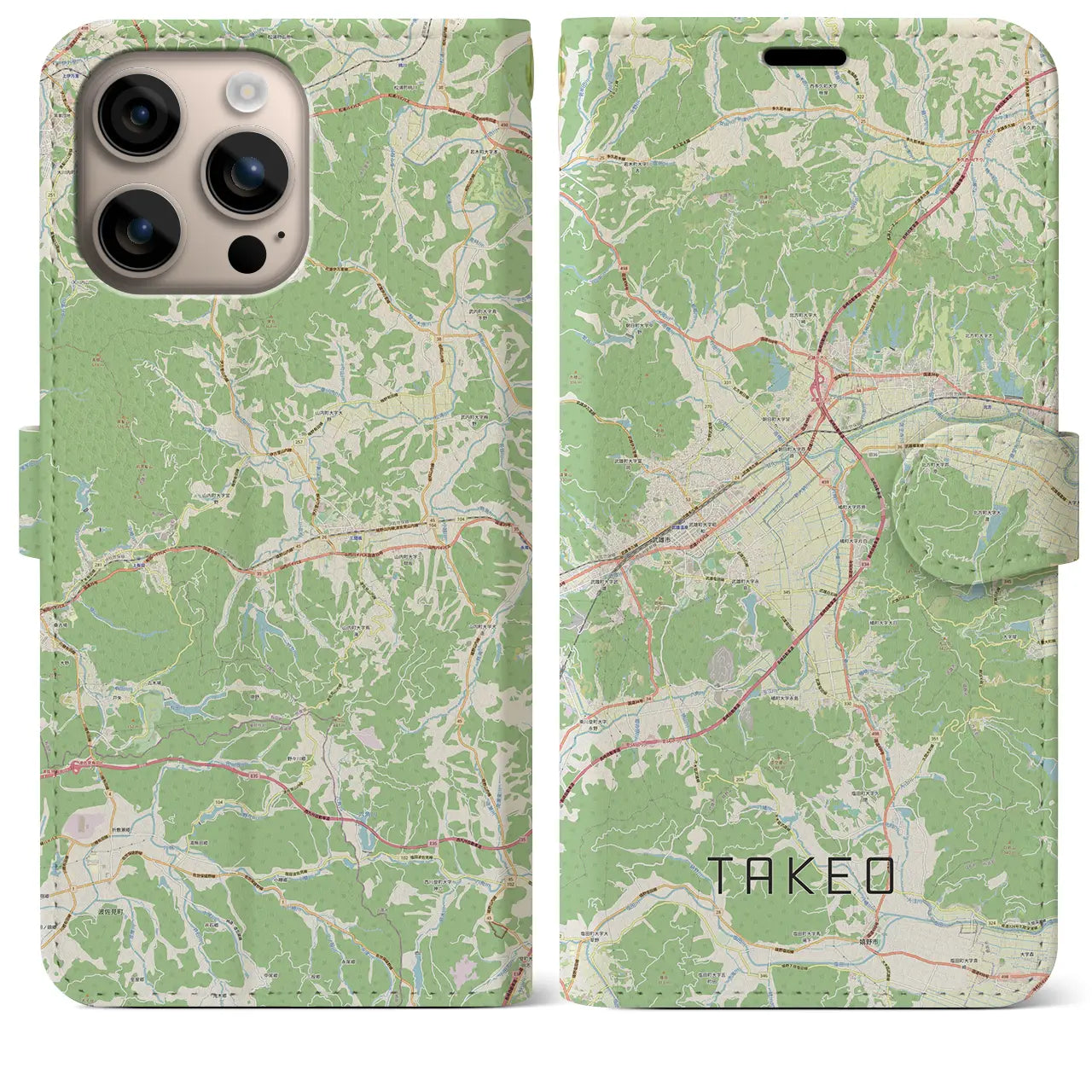【武雄(佐賀県)】地図柄iPhoneケース(手帳タイプ)ナチュラル・iPhone 16 Plus 用