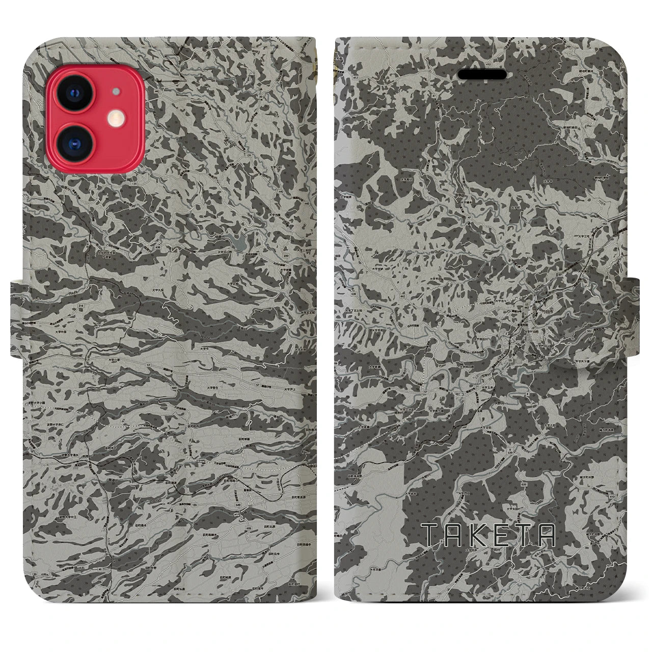 【竹田(大分県)】地図柄iPhoneケース(手帳タイプ)モノトーン・iPhone 11 用
