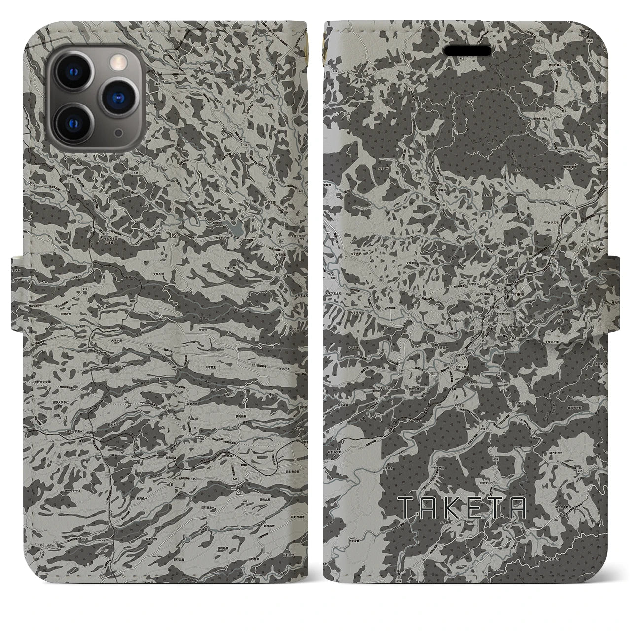 【竹田(大分県)】地図柄iPhoneケース(手帳タイプ)モノトーン・iPhone 11 Pro Max 用