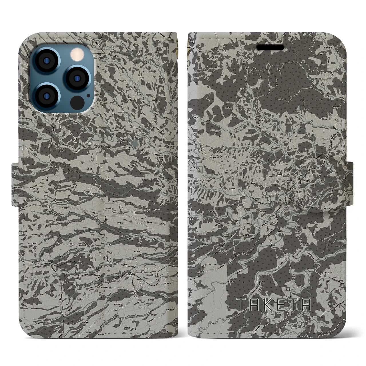 【竹田(大分県)】地図柄iPhoneケース(手帳タイプ)モノトーン・iPhone 12 / 12 Pro 用
