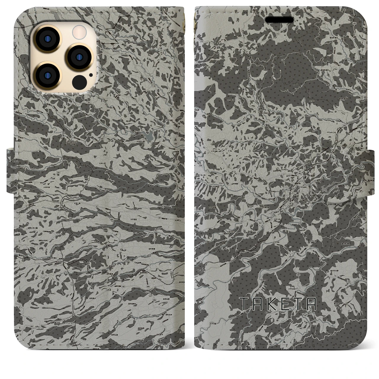 【竹田(大分県)】地図柄iPhoneケース(手帳タイプ)モノトーン・iPhone 12 Pro Max 用