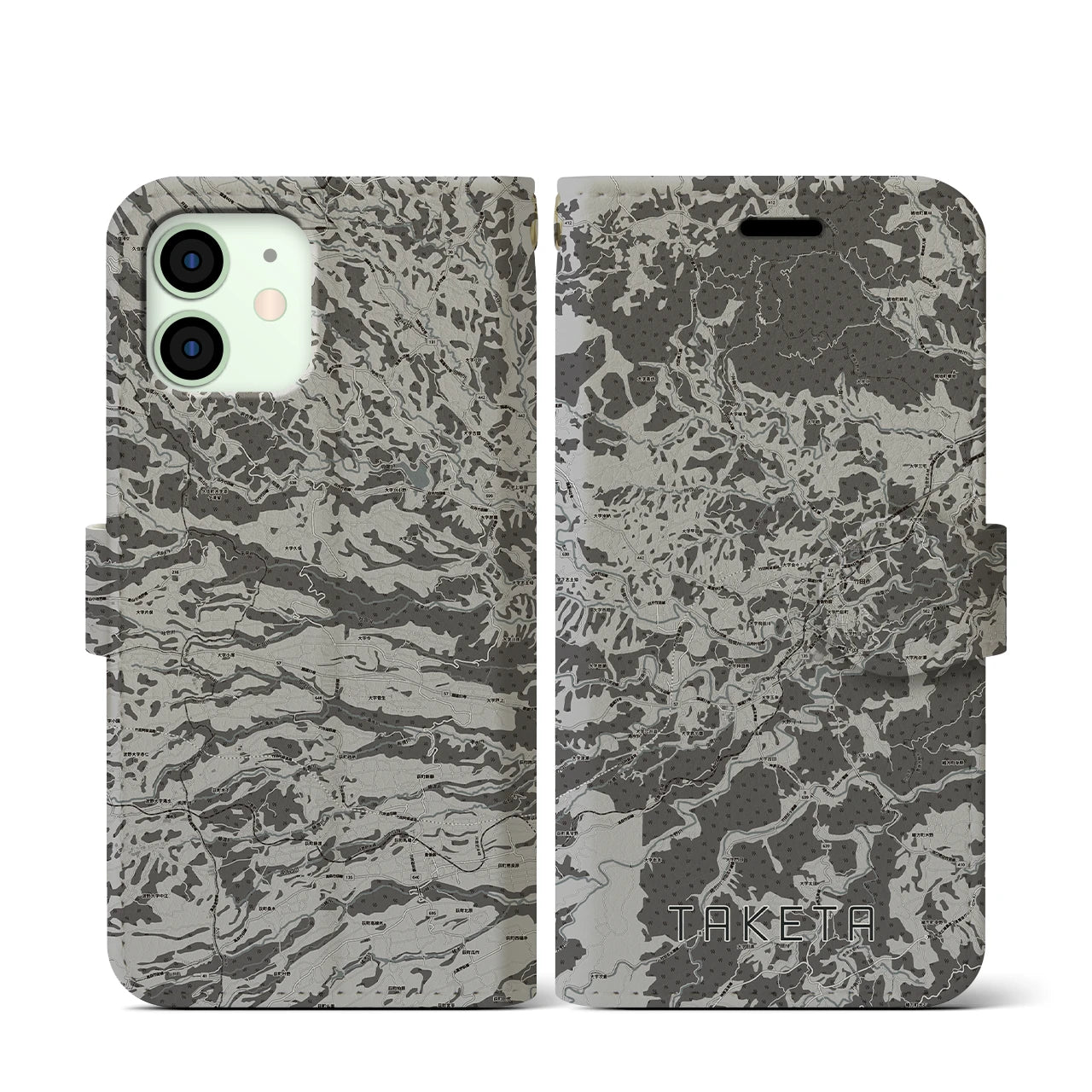 【竹田(大分県)】地図柄iPhoneケース(手帳タイプ)モノトーン・iPhone 12 mini 用