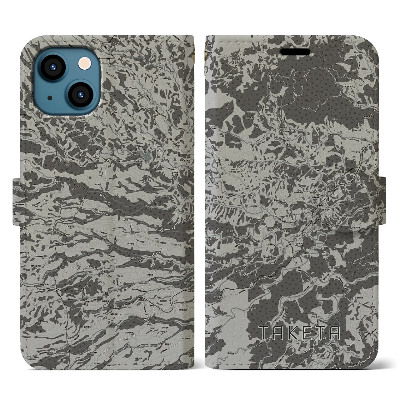 【竹田(大分県)】地図柄iPhoneケース(手帳タイプ)モノトーン・iPhone 13 用