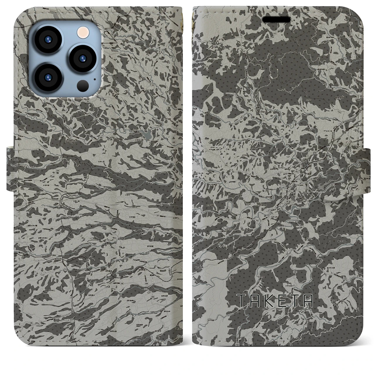 【竹田(大分県)】地図柄iPhoneケース(手帳タイプ)モノトーン・iPhone 13 Pro Max 用