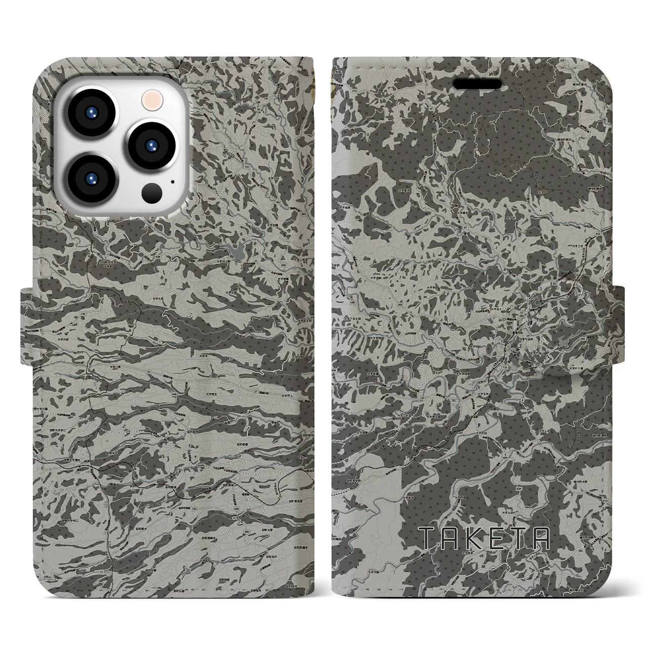 【竹田(大分県)】地図柄iPhoneケース(手帳タイプ)モノトーン・iPhone 13 Pro 用