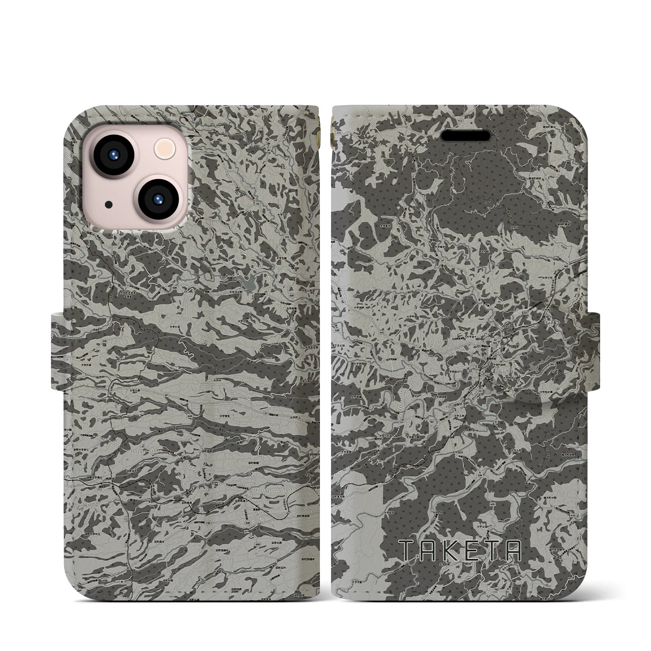 【竹田(大分県)】地図柄iPhoneケース(手帳タイプ)モノトーン・iPhone 13 mini 用