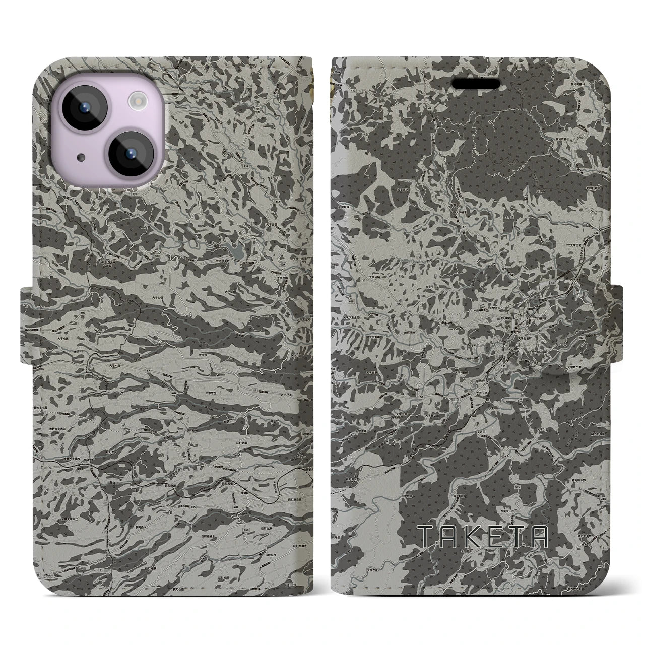 【竹田(大分県)】地図柄iPhoneケース(手帳タイプ)モノトーン・iPhone 14 用