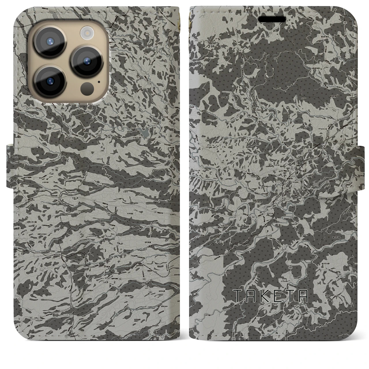 【竹田(大分県)】地図柄iPhoneケース(手帳タイプ)モノトーン・iPhone 14 Pro Max 用