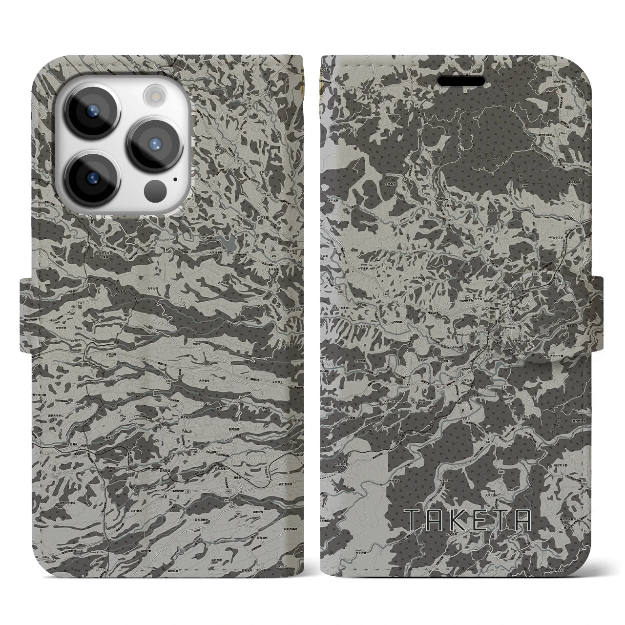 【竹田(大分県)】地図柄iPhoneケース(手帳タイプ)モノトーン・iPhone 14 Pro 用