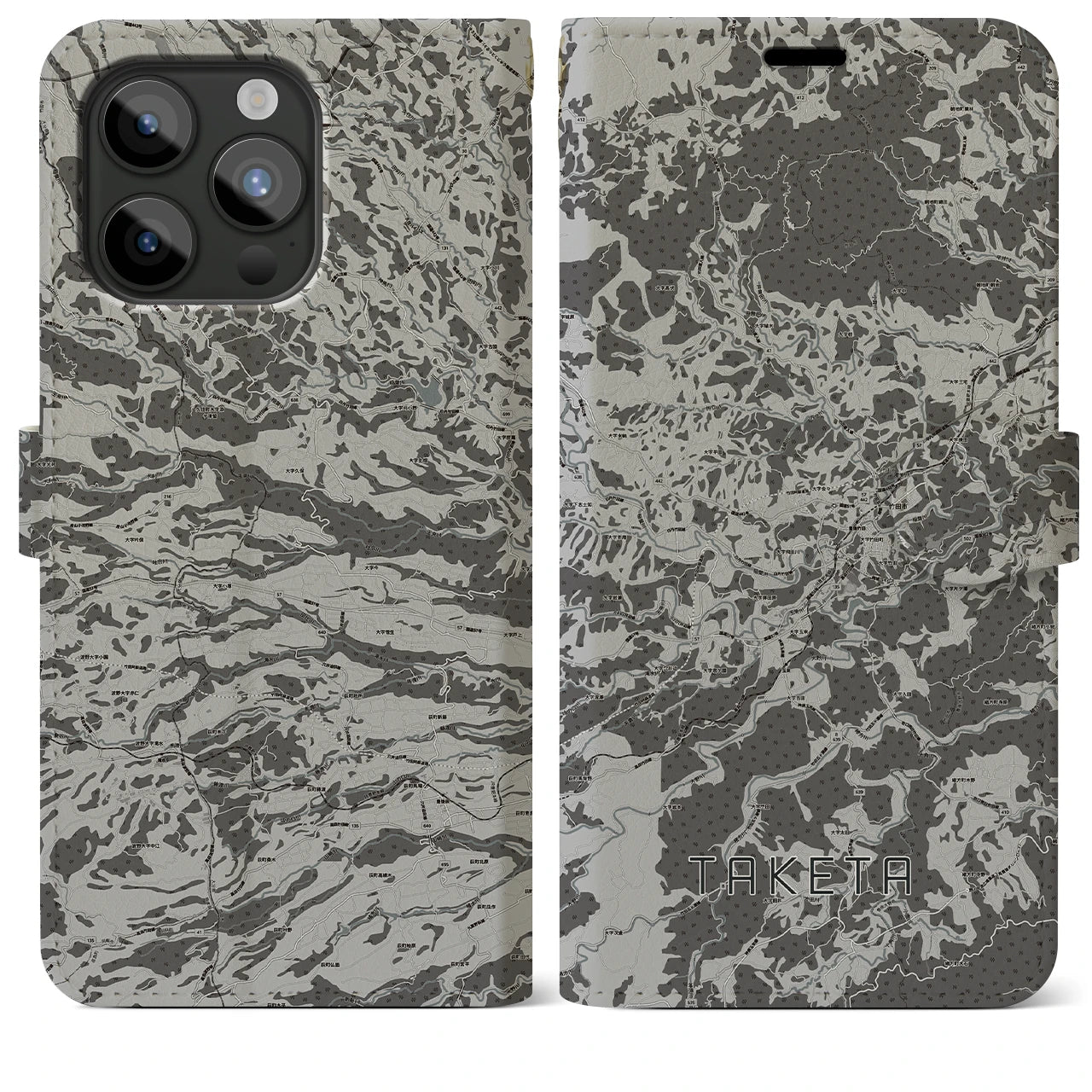 【竹田(大分県)】地図柄iPhoneケース(手帳タイプ)モノトーン・iPhone 15 Pro Max 用