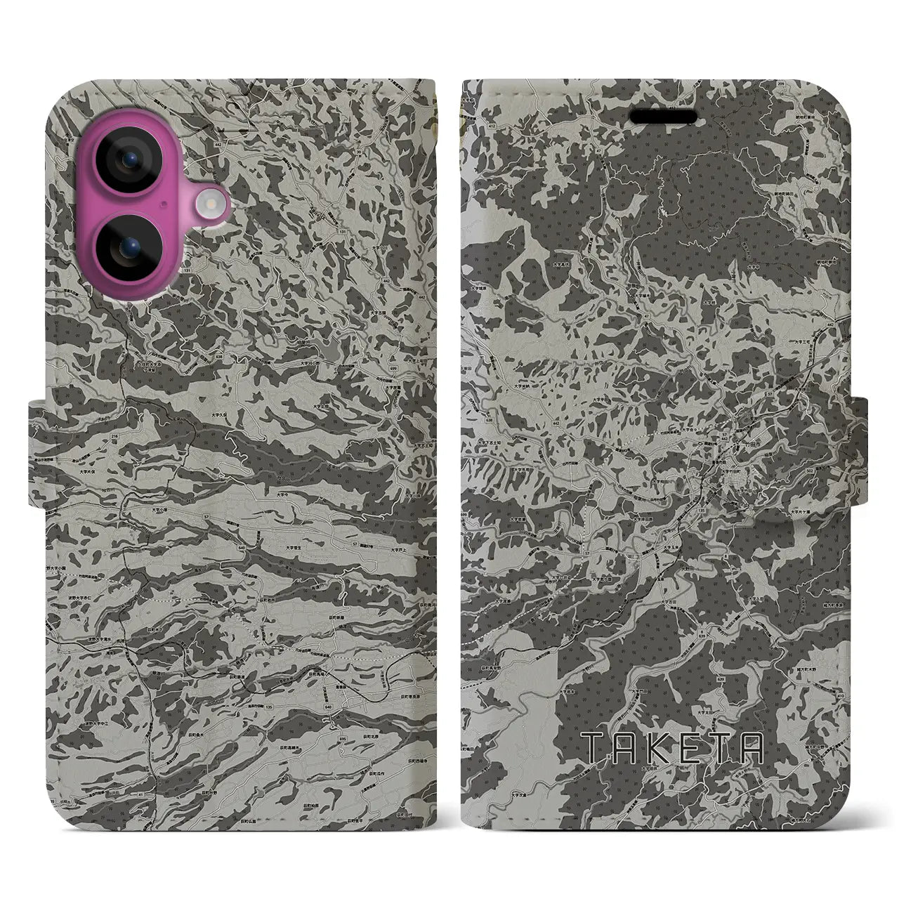 【竹田(大分県)】地図柄iPhoneケース(手帳タイプ)モノトーン・iPhone 16 Pro 用