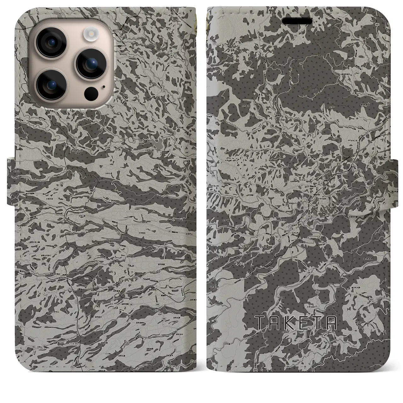 【竹田(大分県)】地図柄iPhoneケース(手帳タイプ)モノトーン・iPhone 16 Plus 用