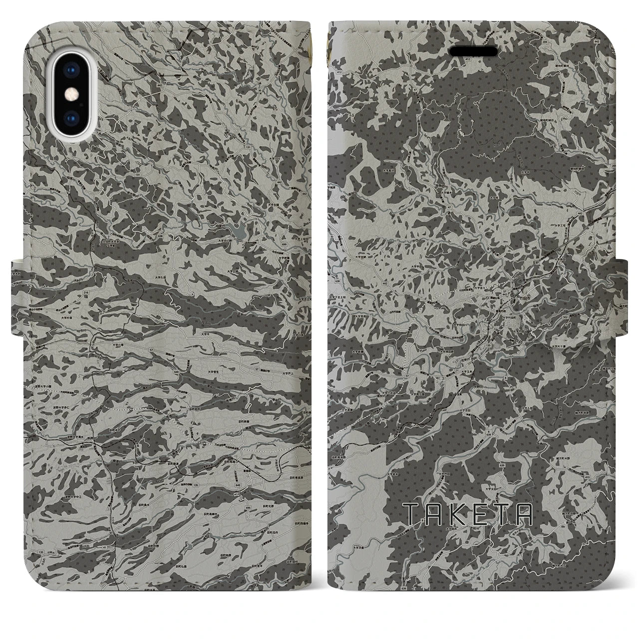 【竹田(大分県)】地図柄iPhoneケース(手帳タイプ)モノトーン・iPhone XS Max 用