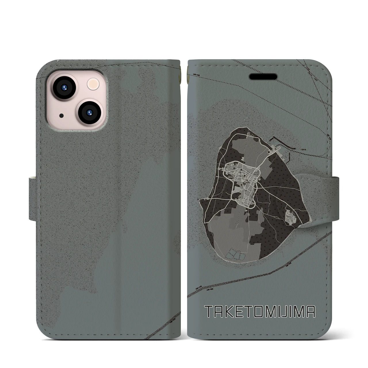 【竹富島(沖縄県)】地図柄iPhoneケース(手帳タイプ)モノトーン・iPhone 13 mini 用