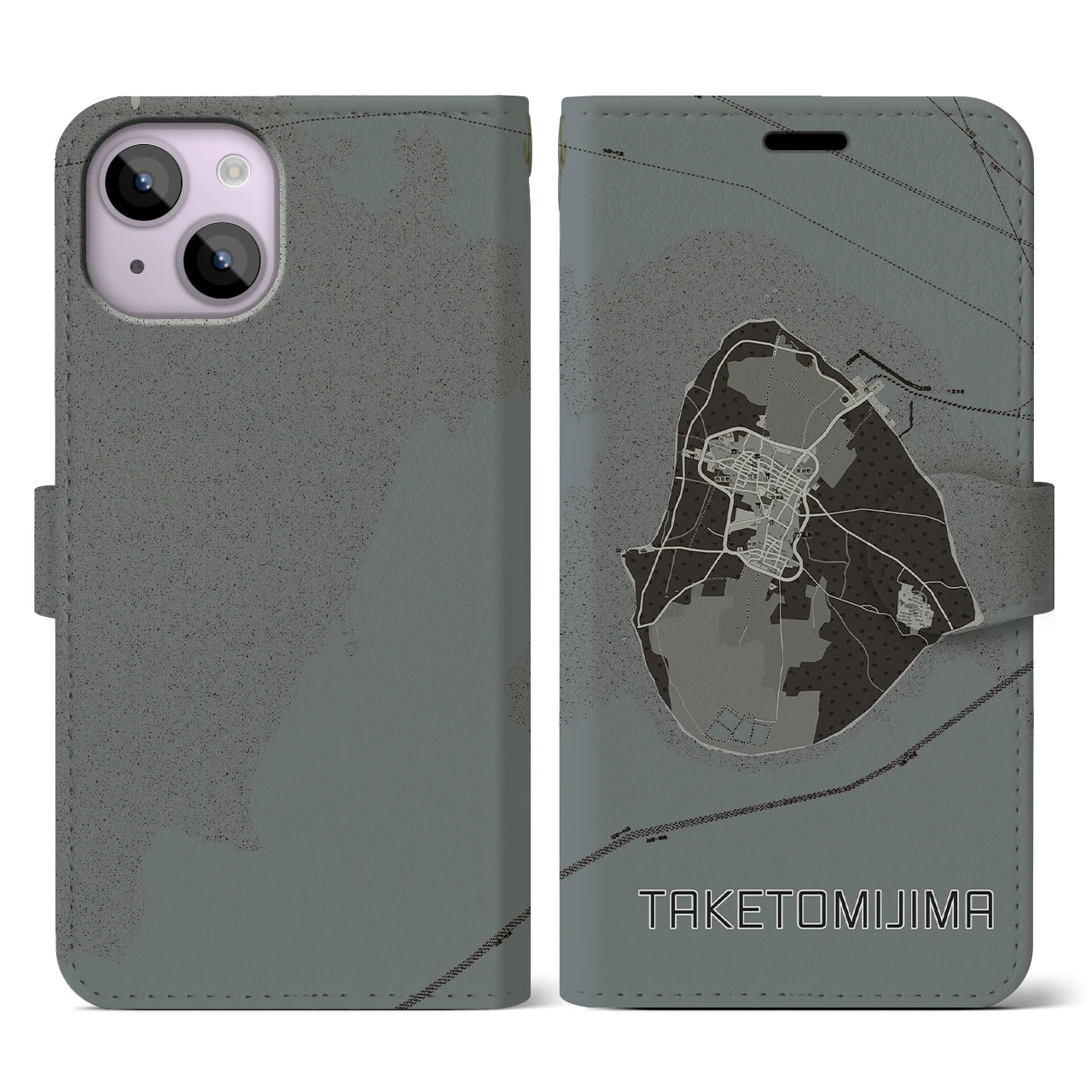 【竹富島(沖縄県)】地図柄iPhoneケース(手帳タイプ)モノトーン・iPhone 14 用