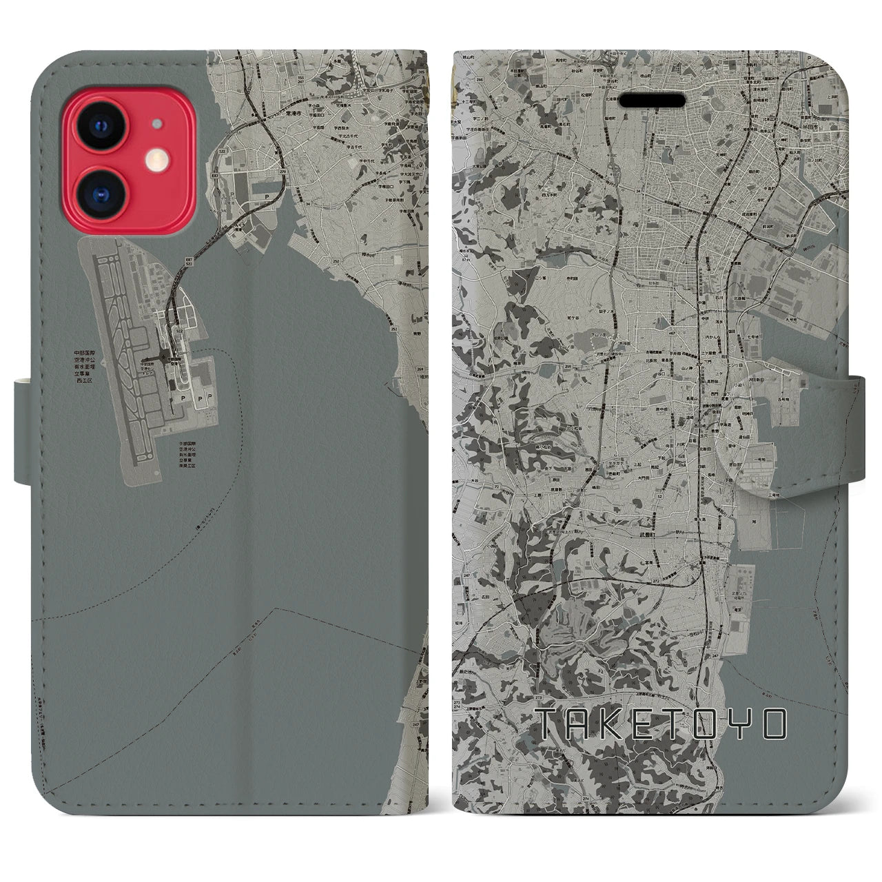 【武豊(愛知県)】地図柄iPhoneケース(手帳タイプ)モノトーン・iPhone 11 用