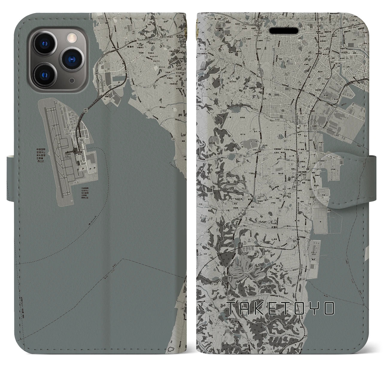 【武豊(愛知県)】地図柄iPhoneケース(手帳タイプ)モノトーン・iPhone 11 Pro Max 用