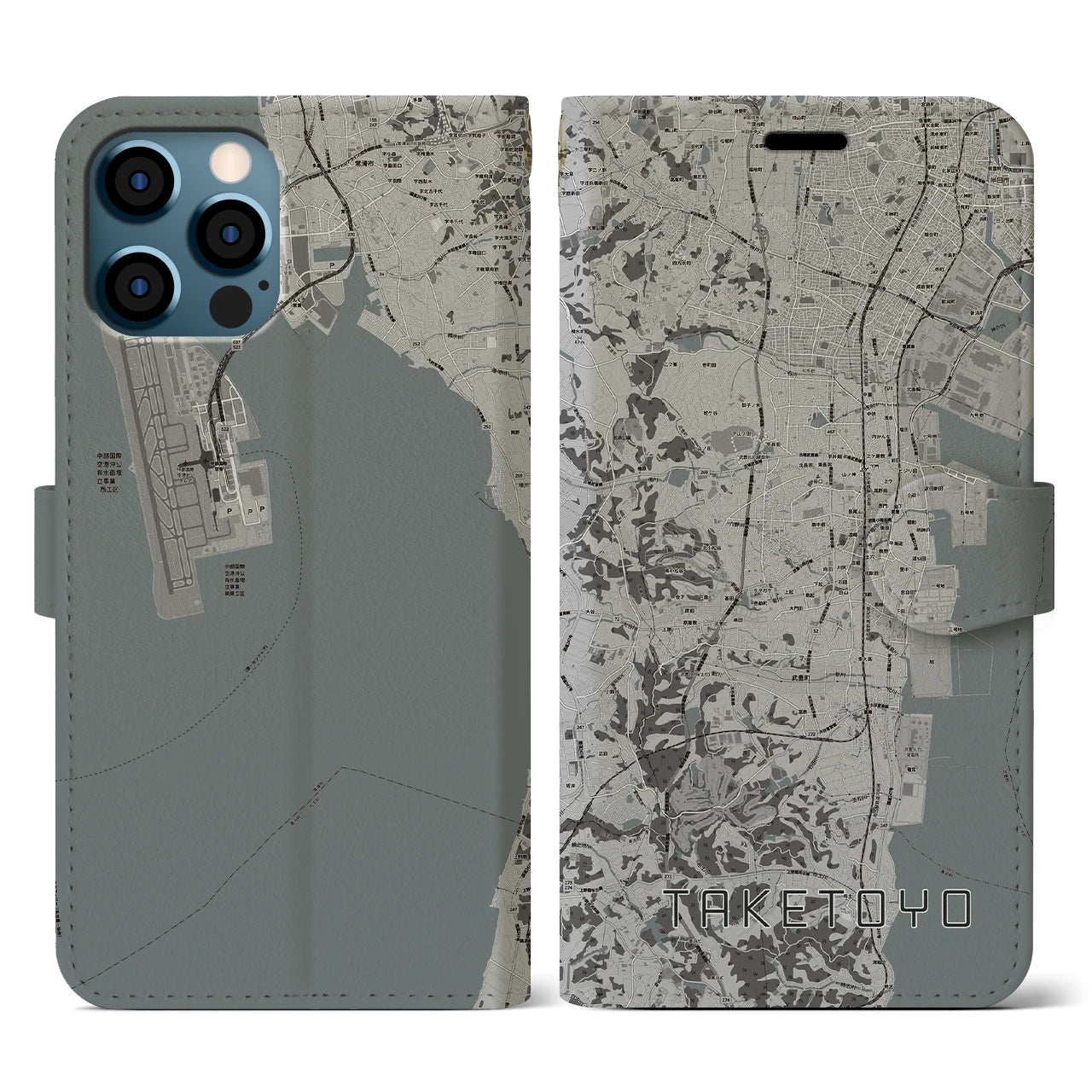 【武豊(愛知県)】地図柄iPhoneケース(手帳タイプ)モノトーン・iPhone 12 / 12 Pro 用
