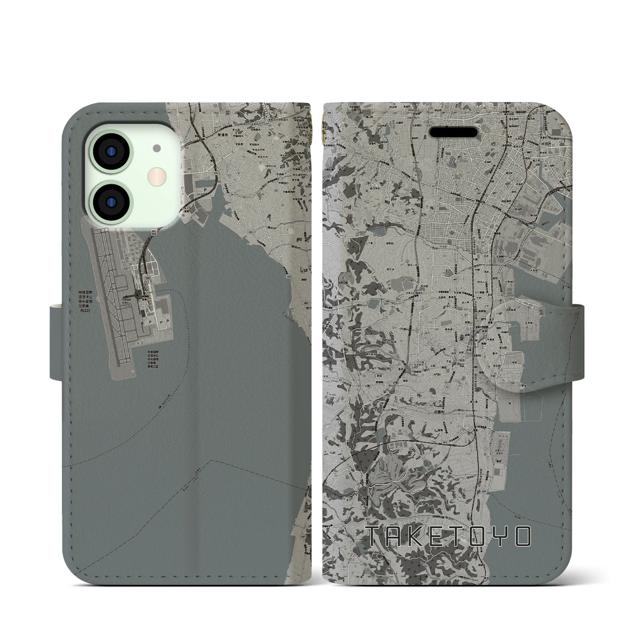 【武豊(愛知県)】地図柄iPhoneケース(手帳タイプ)モノトーン・iPhone 12 mini 用