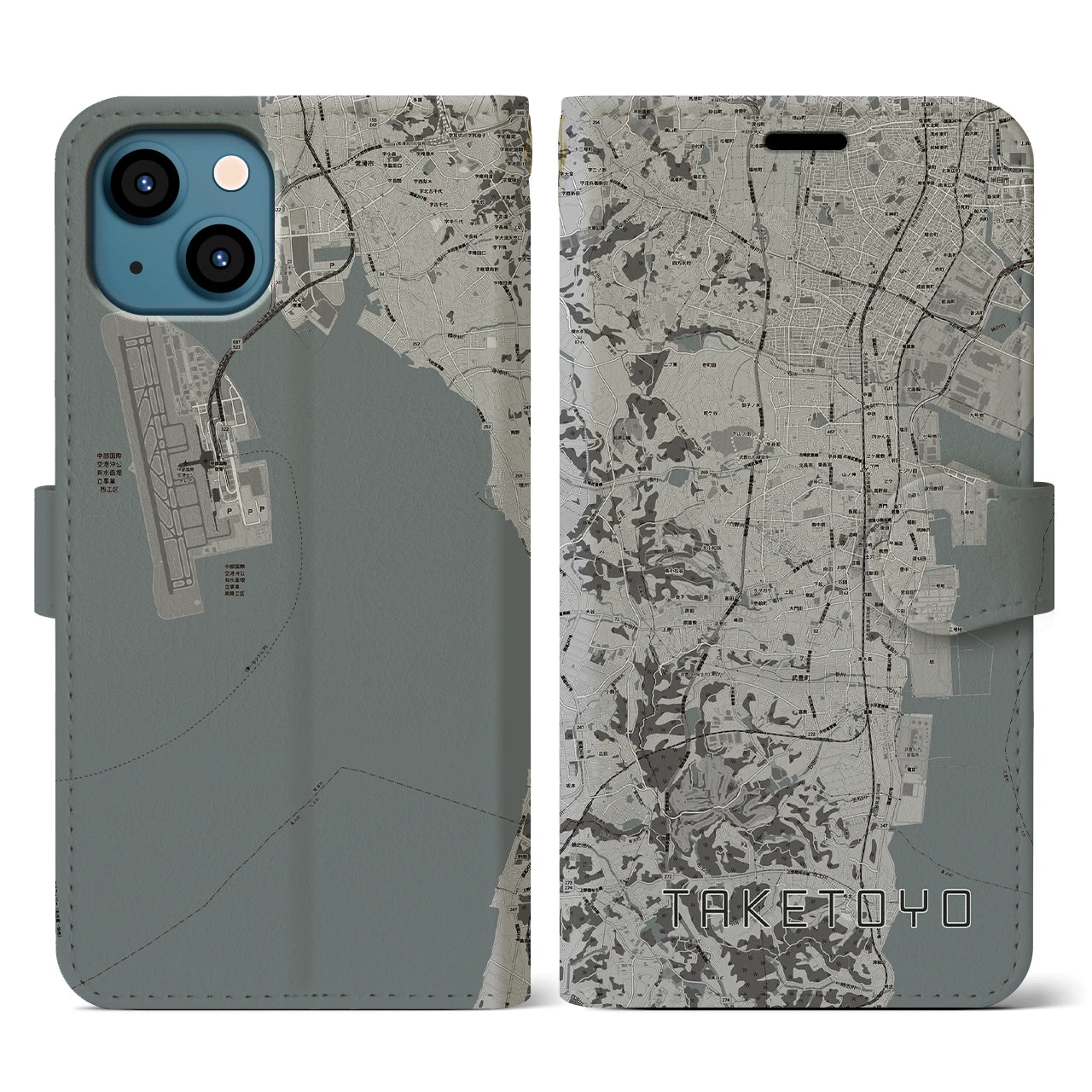 【武豊(愛知県)】地図柄iPhoneケース(手帳タイプ)モノトーン・iPhone 13 用