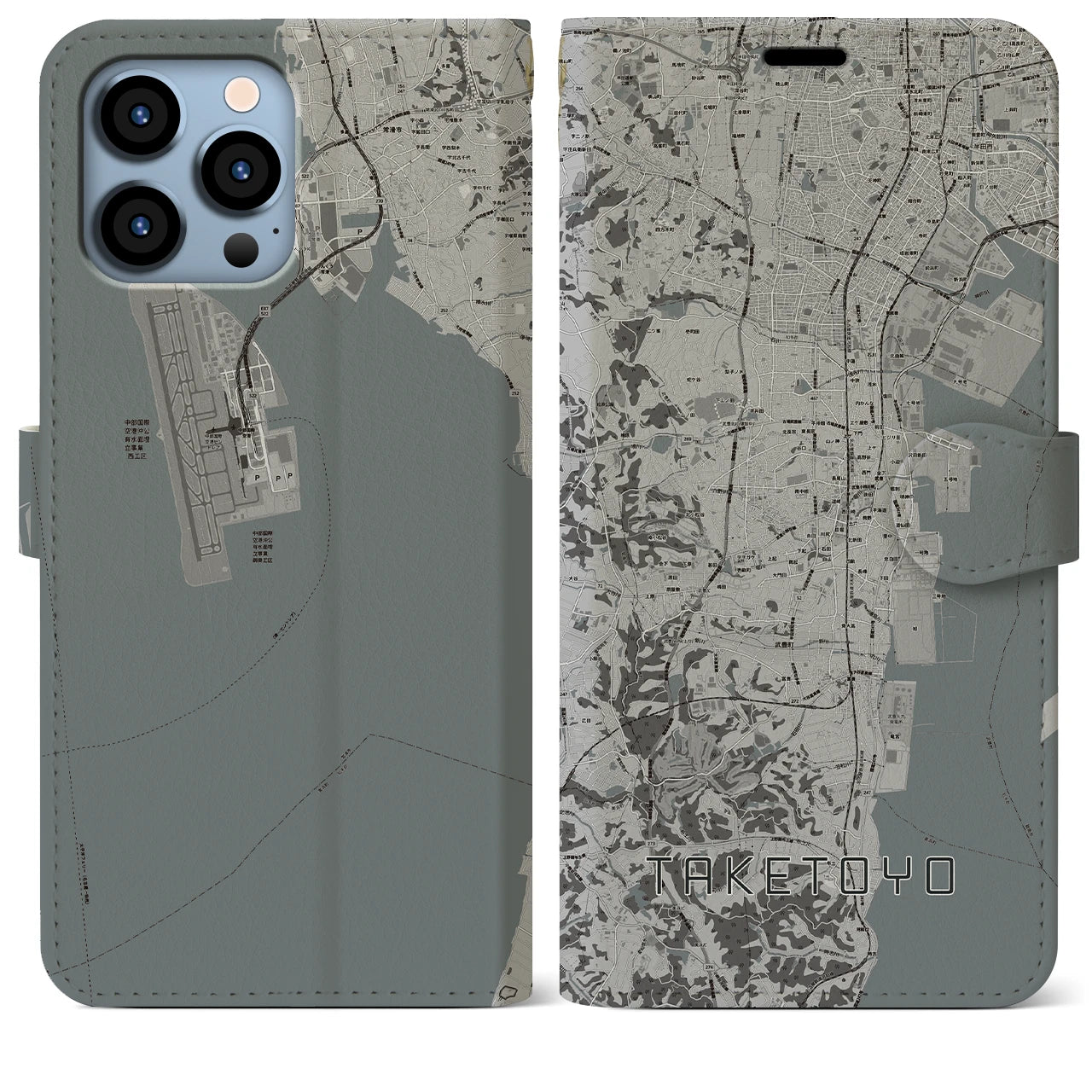 【武豊(愛知県)】地図柄iPhoneケース(手帳タイプ)モノトーン・iPhone 13 Pro Max 用