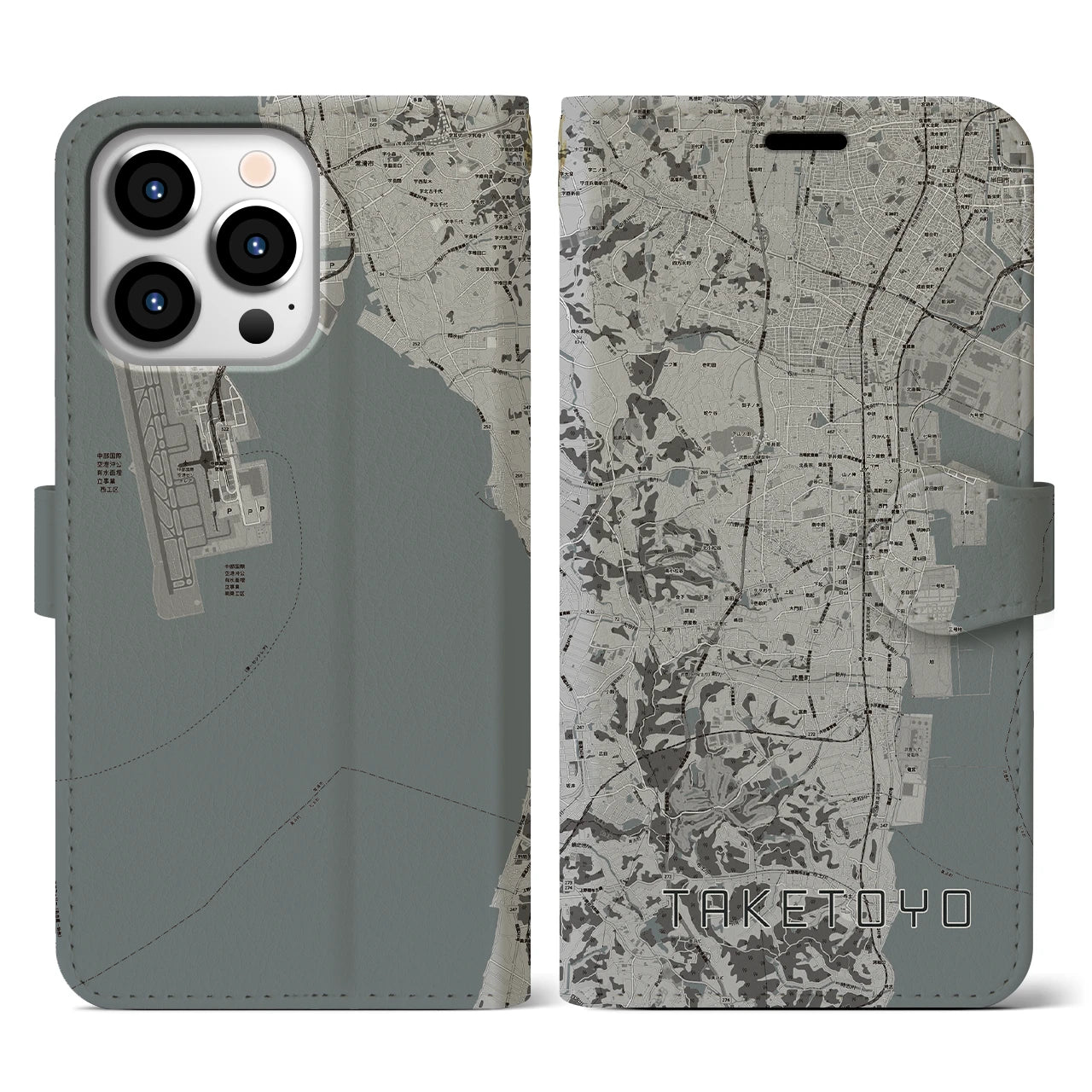 【武豊(愛知県)】地図柄iPhoneケース(手帳タイプ)モノトーン・iPhone 13 Pro 用