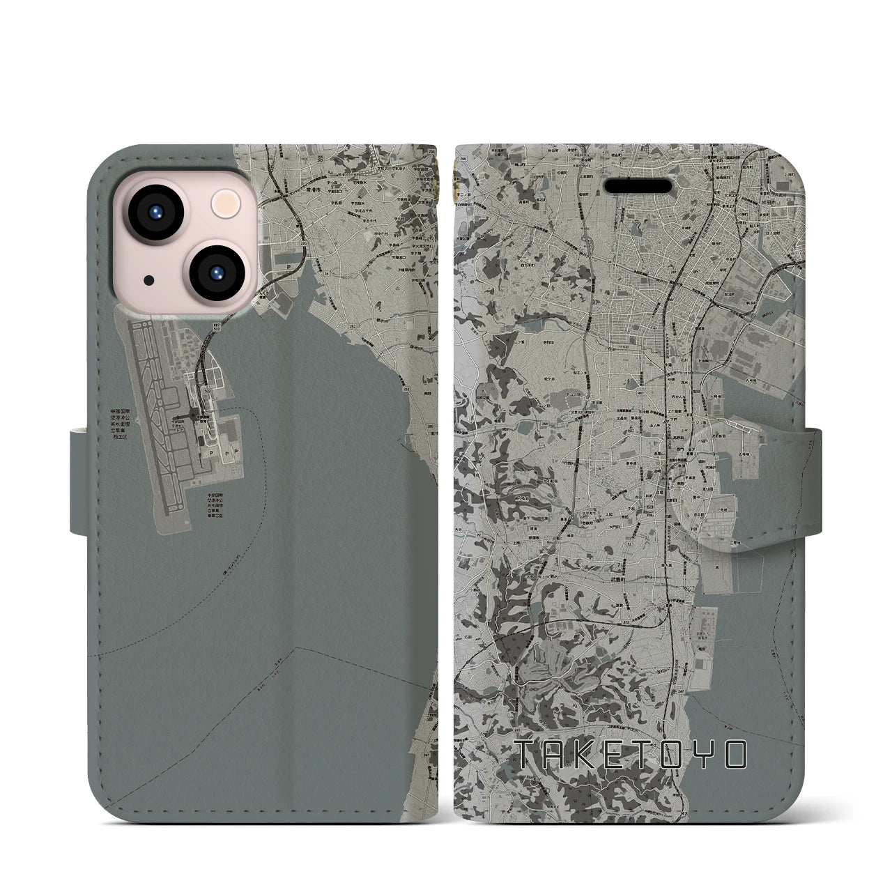 【武豊(愛知県)】地図柄iPhoneケース(手帳タイプ)モノトーン・iPhone 13 mini 用