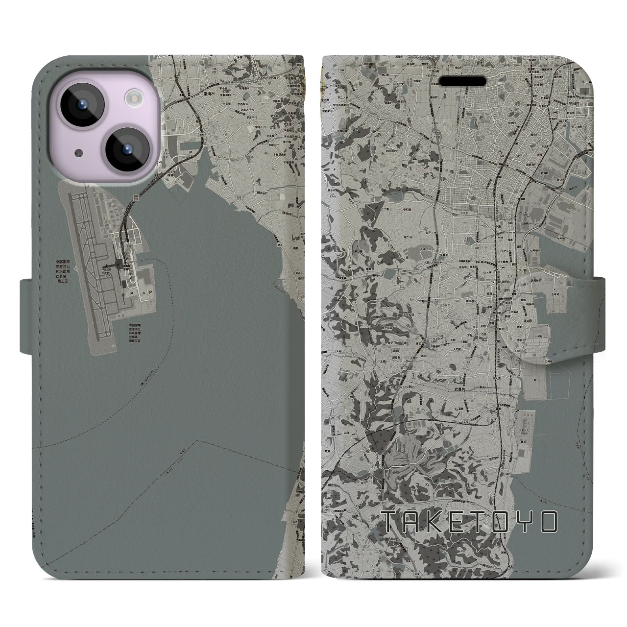 【武豊(愛知県)】地図柄iPhoneケース(手帳タイプ)モノトーン・iPhone 14 用
