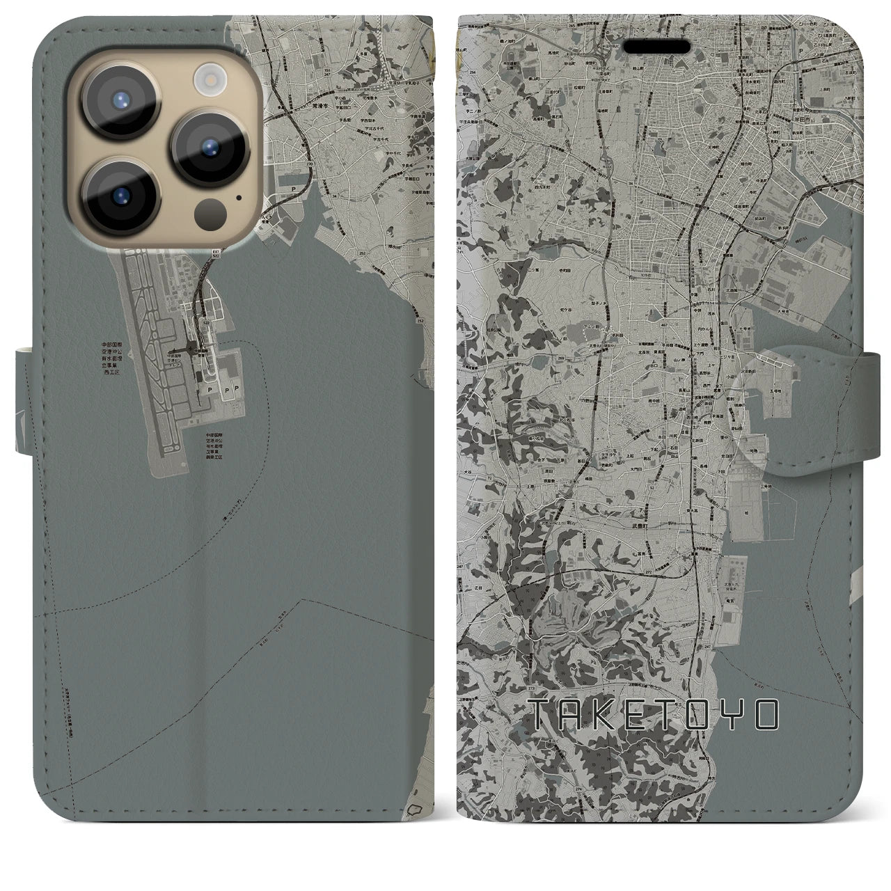 【武豊(愛知県)】地図柄iPhoneケース(手帳タイプ)モノトーン・iPhone 14 Pro Max 用