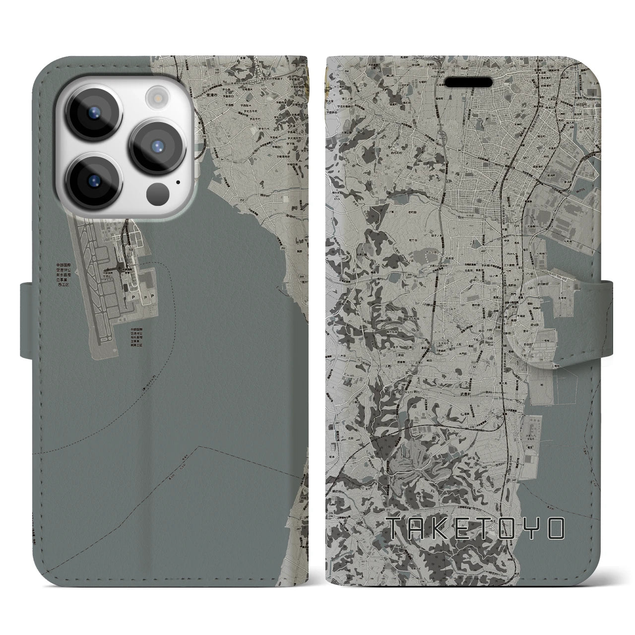 【武豊(愛知県)】地図柄iPhoneケース(手帳タイプ)モノトーン・iPhone 14 Pro 用
