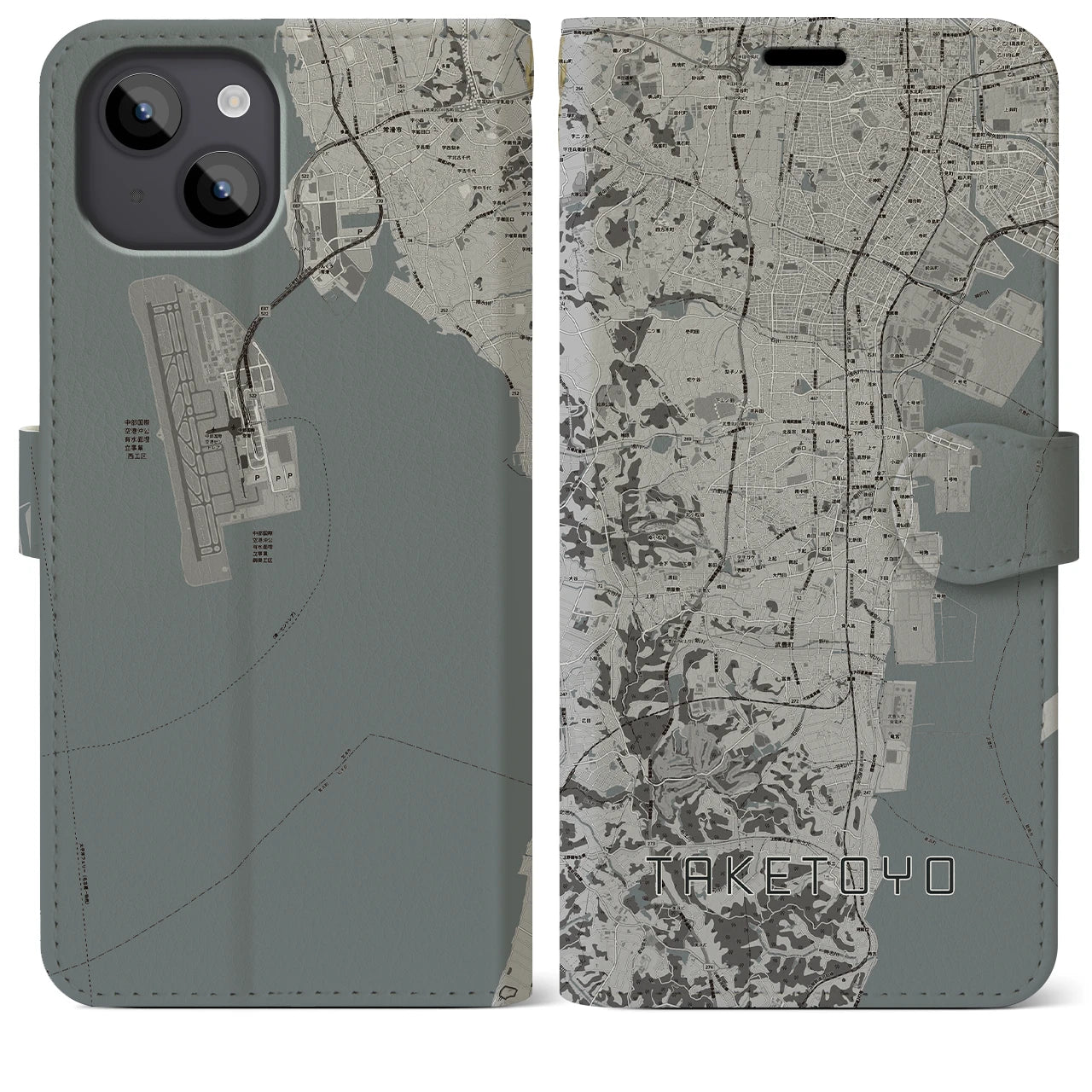 【武豊(愛知県)】地図柄iPhoneケース(手帳タイプ)モノトーン・iPhone 14 Plus 用