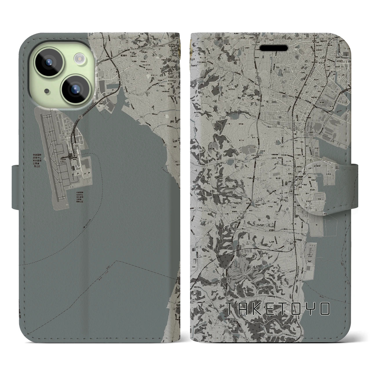 【武豊(愛知県)】地図柄iPhoneケース(手帳タイプ)モノトーン・iPhone 15 用
