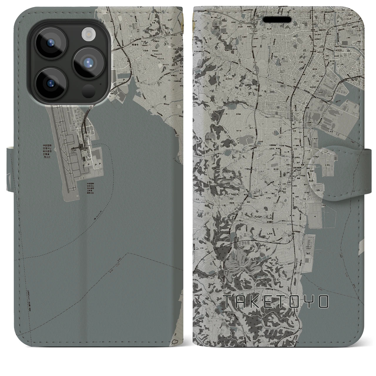 【武豊(愛知県)】地図柄iPhoneケース(手帳タイプ)モノトーン・iPhone 15 Pro Max 用