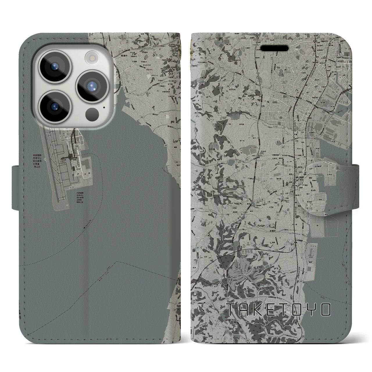【武豊(愛知県)】地図柄iPhoneケース(手帳タイプ)モノトーン・iPhone 15 Pro 用