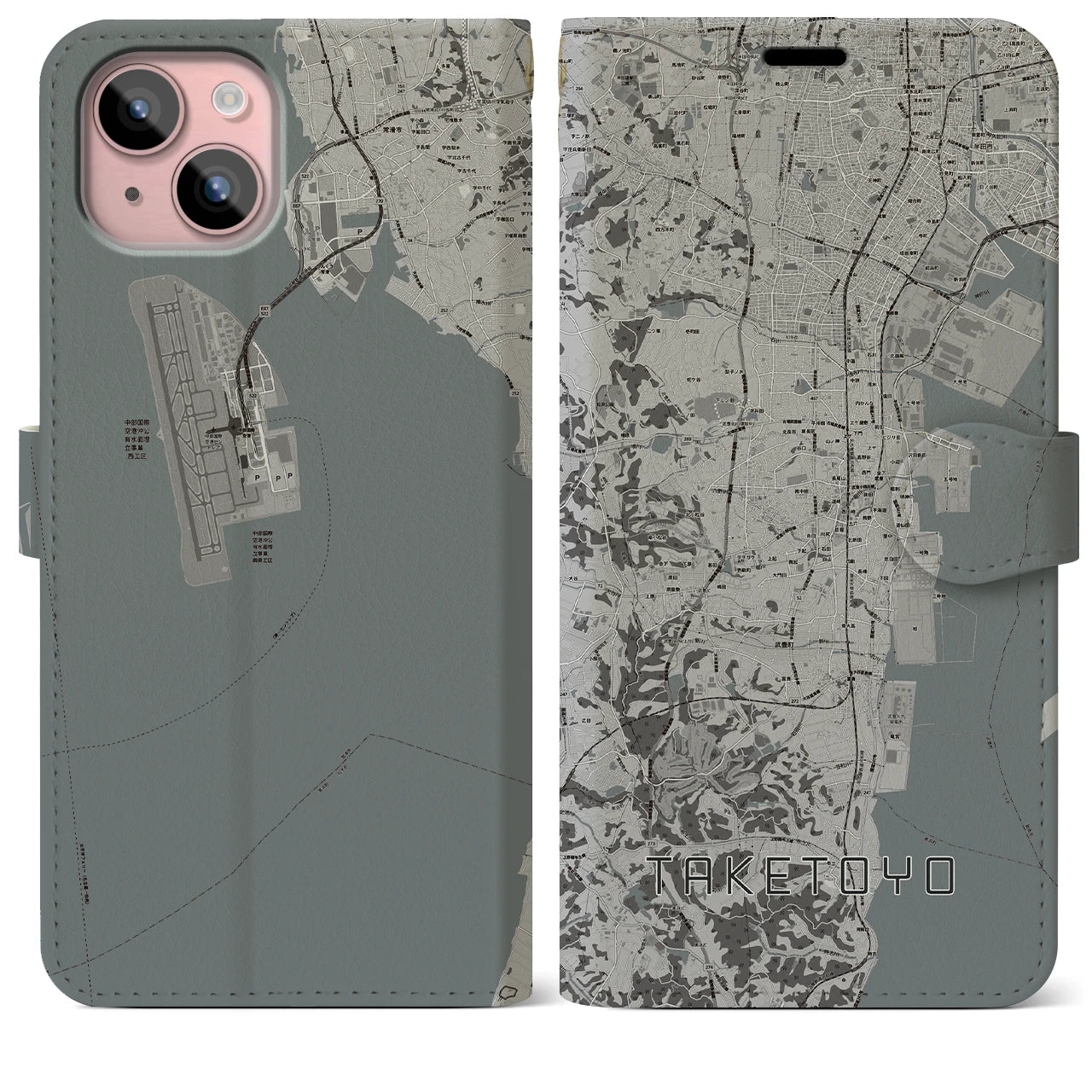 【武豊(愛知県)】地図柄iPhoneケース(手帳タイプ)モノトーン・iPhone 15 Plus 用