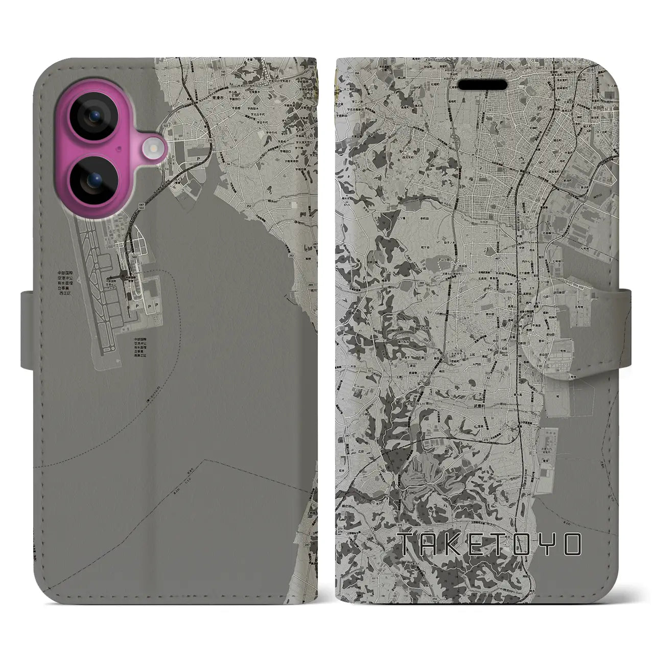 【武豊(愛知県)】地図柄iPhoneケース(手帳タイプ)モノトーン・iPhone 16 Pro 用