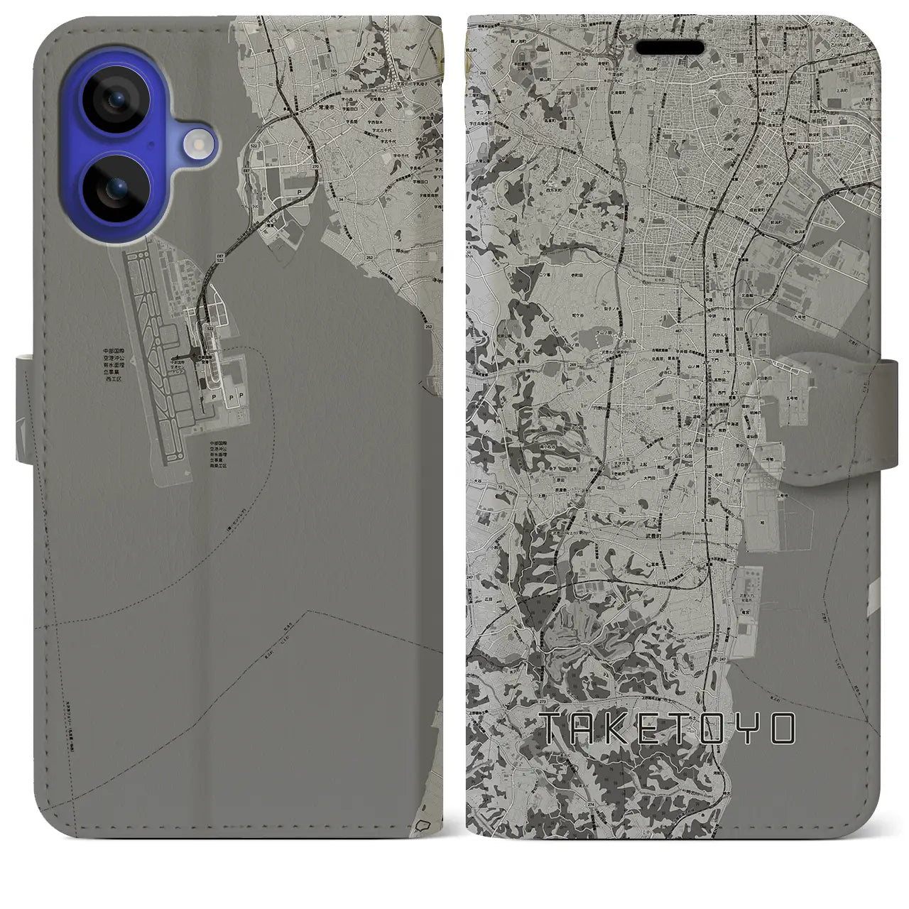 【武豊(愛知県)】地図柄iPhoneケース(手帳タイプ)モノトーン・iPhone 16 Pro Max 用