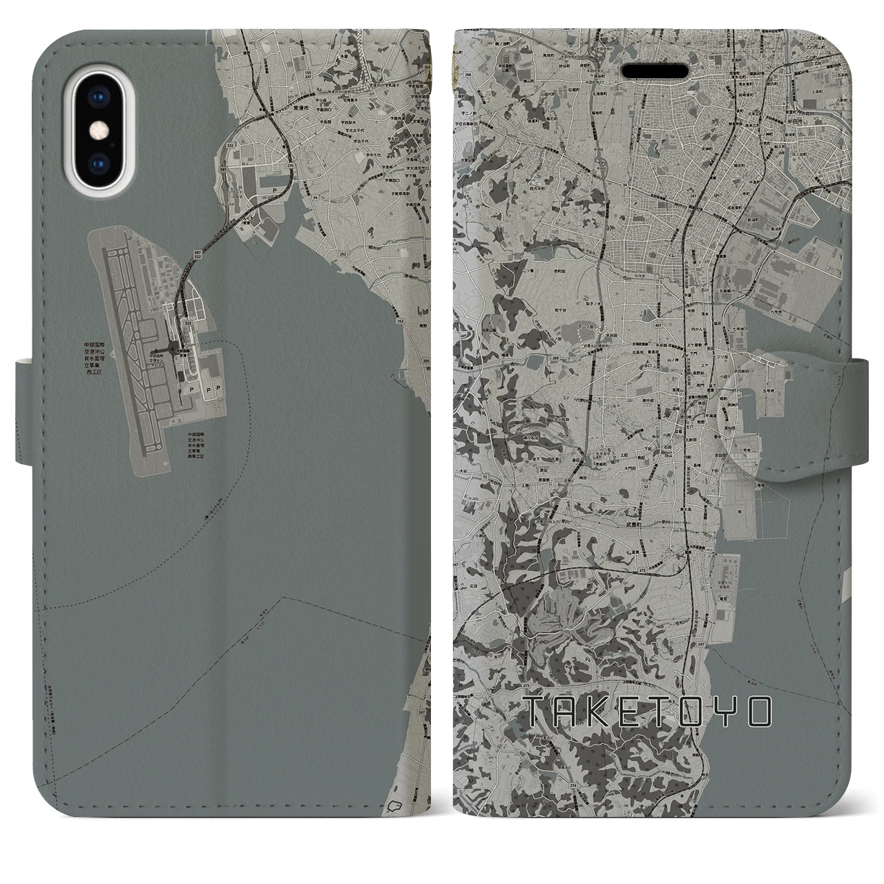 【武豊(愛知県)】地図柄iPhoneケース(手帳タイプ)モノトーン・iPhone XS Max 用