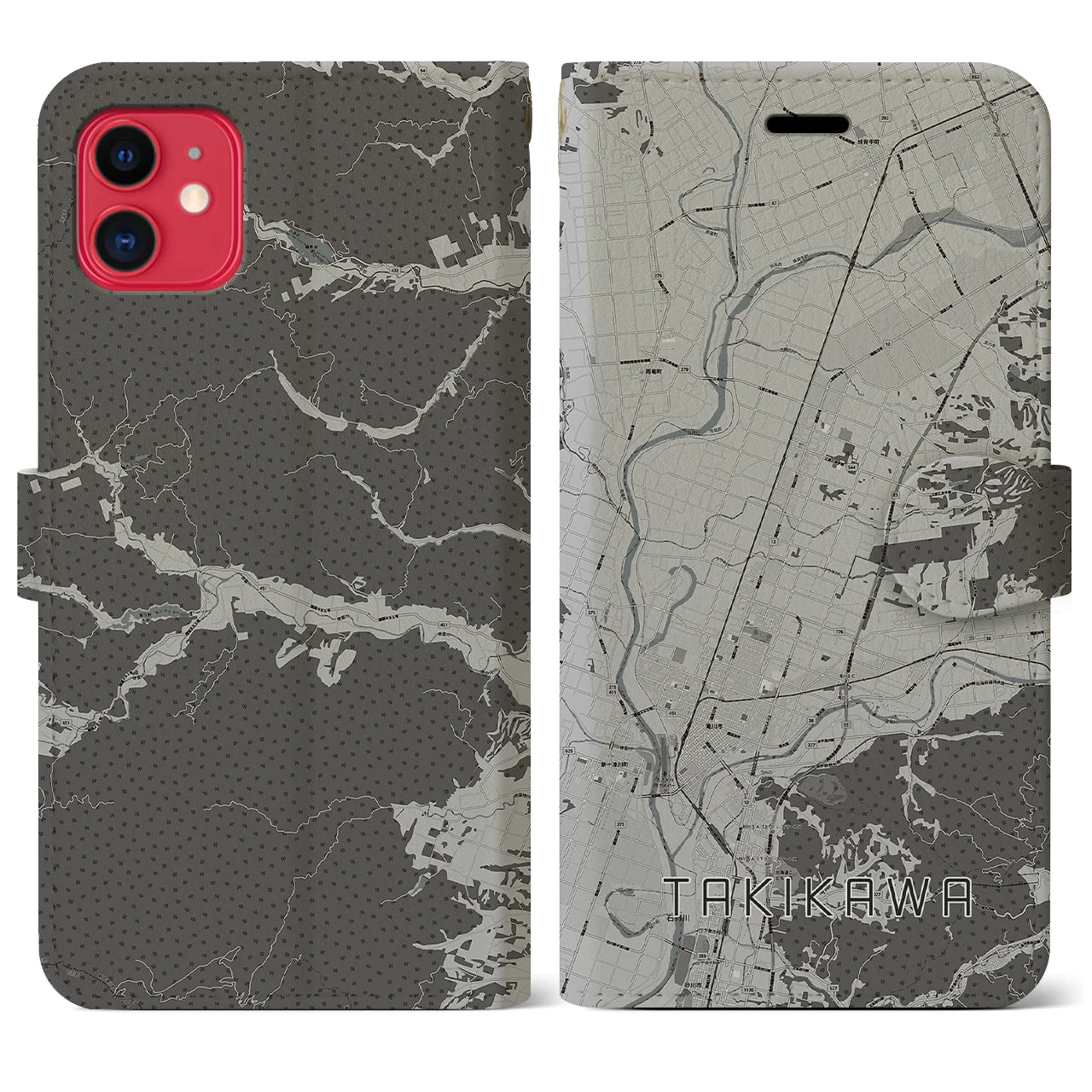 【滝川(北海道)】地図柄iPhoneケース(手帳タイプ)モノトーン・iPhone 11 用