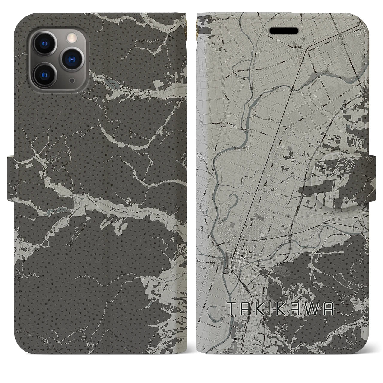 【滝川(北海道)】地図柄iPhoneケース(手帳タイプ)モノトーン・iPhone 11 Pro Max 用