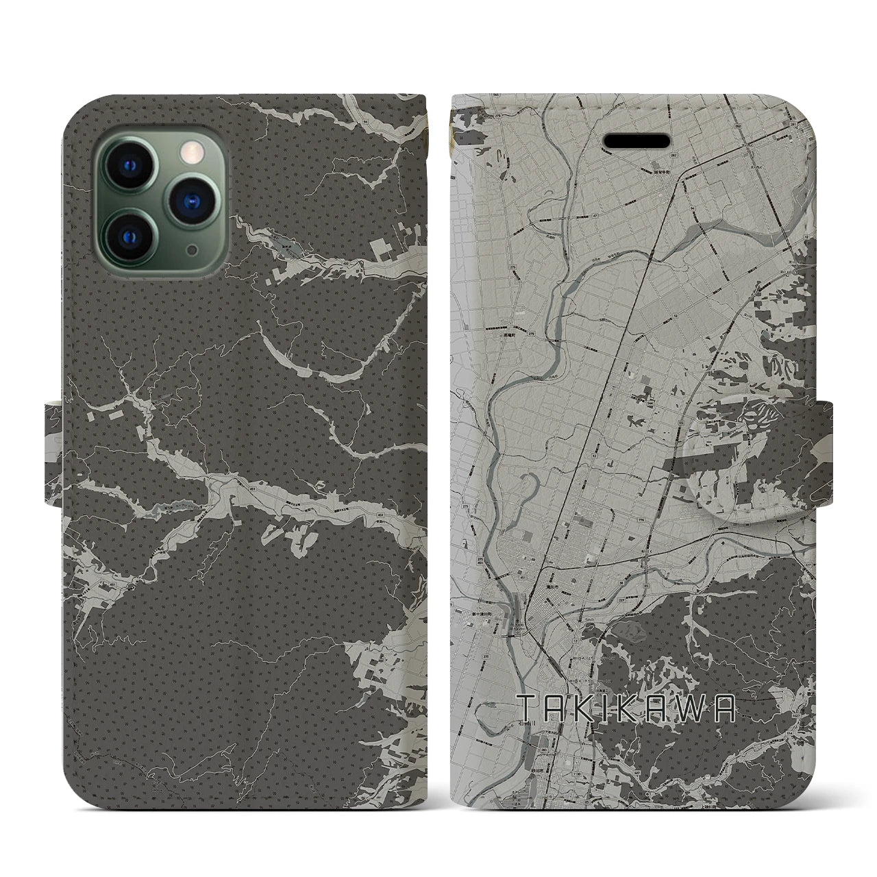 【滝川(北海道)】地図柄iPhoneケース(手帳タイプ)モノトーン・iPhone 11 Pro 用