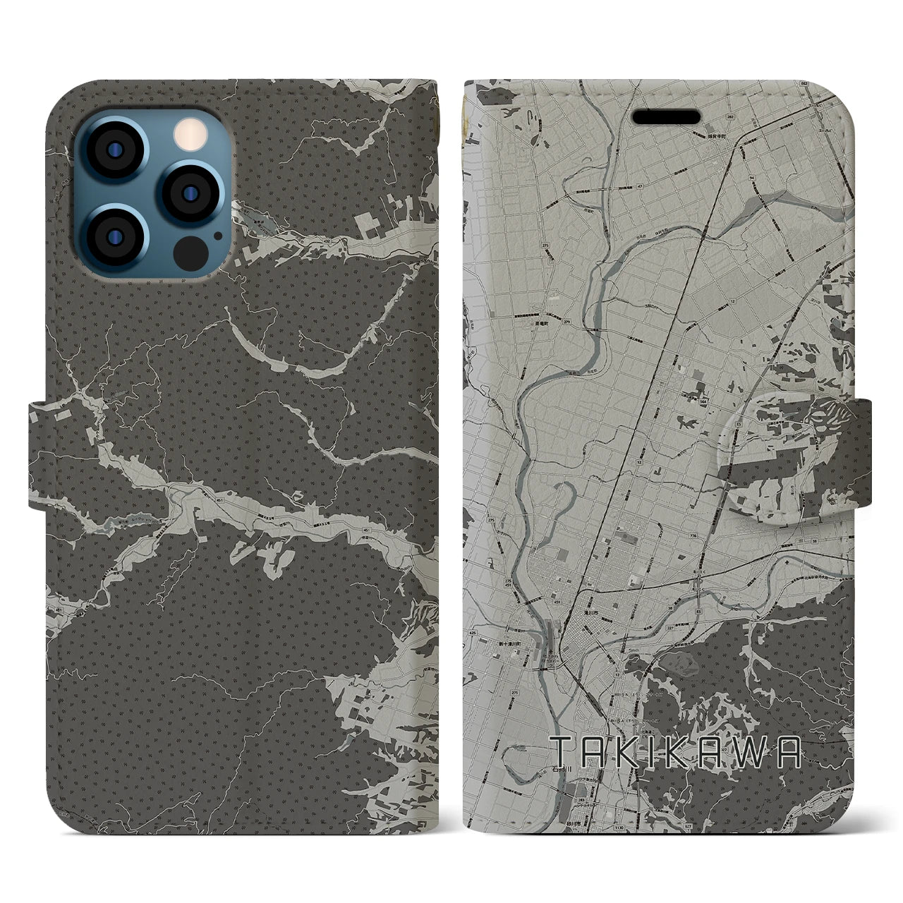 【滝川(北海道)】地図柄iPhoneケース(手帳タイプ)モノトーン・iPhone 12 / 12 Pro 用