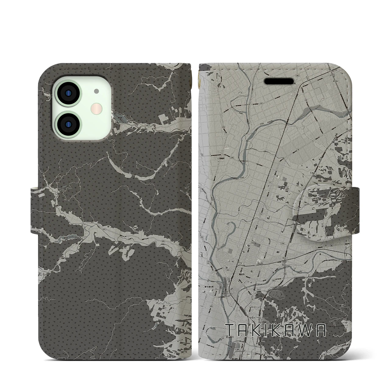 【滝川(北海道)】地図柄iPhoneケース(手帳タイプ)モノトーン・iPhone 12 mini 用