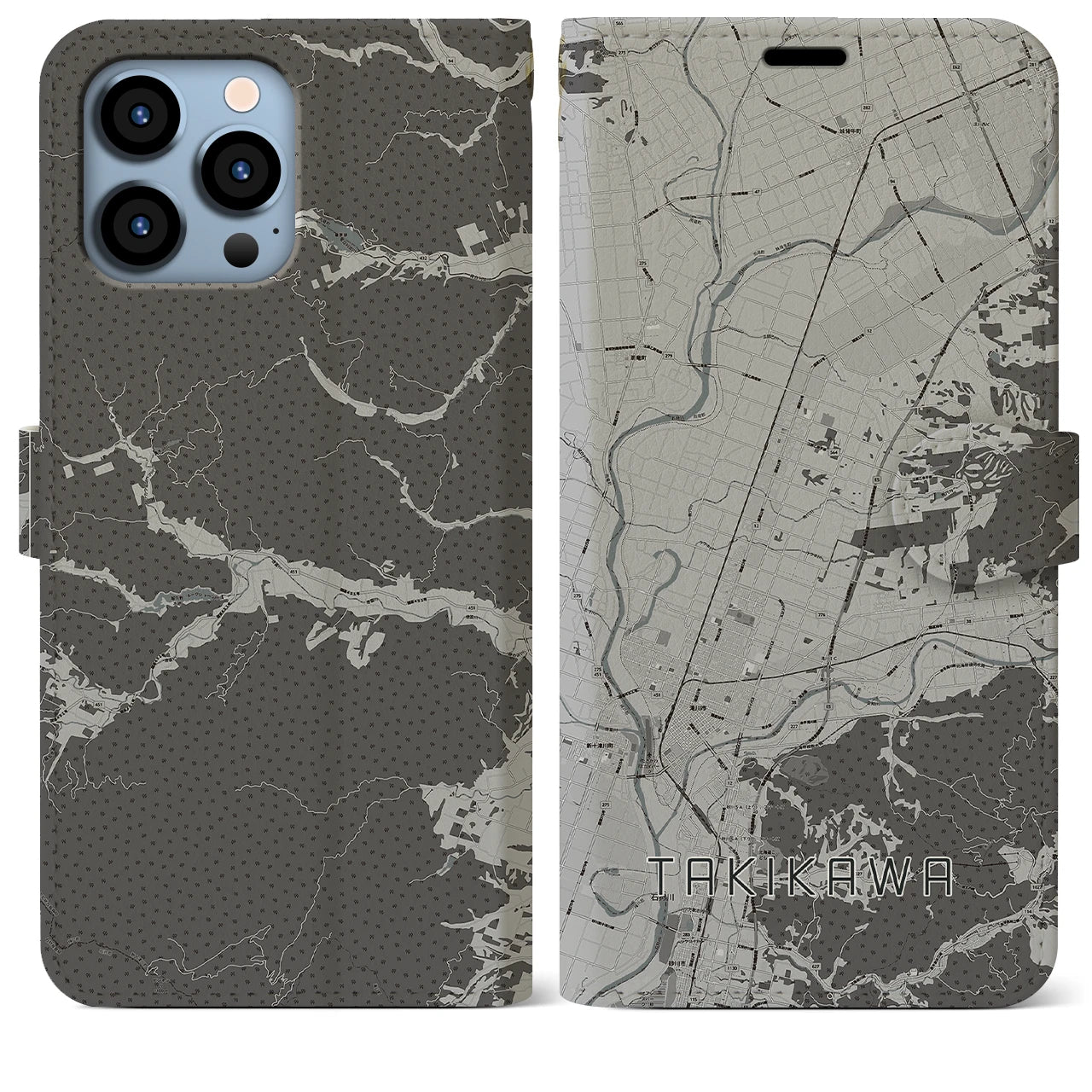 【滝川(北海道)】地図柄iPhoneケース(手帳タイプ)モノトーン・iPhone 13 Pro Max 用